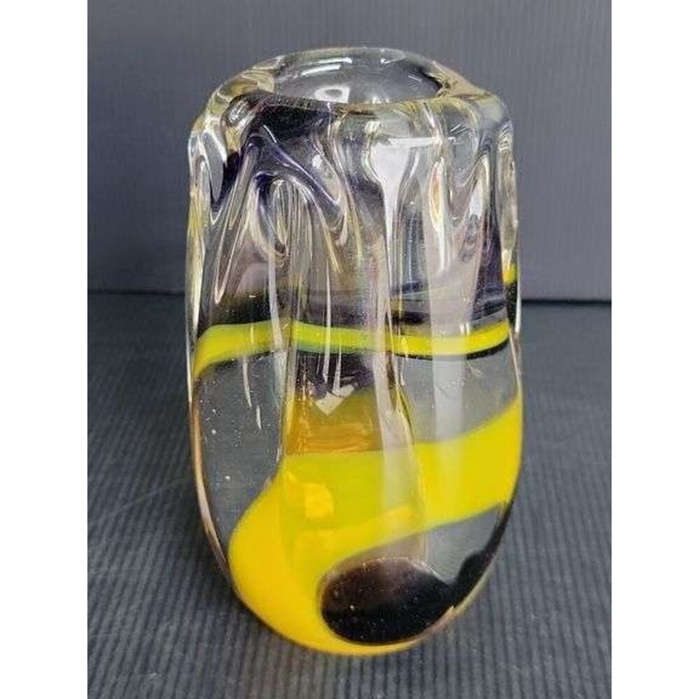Hand Made Blown Glass Vase Yellow Purple 5 Inches